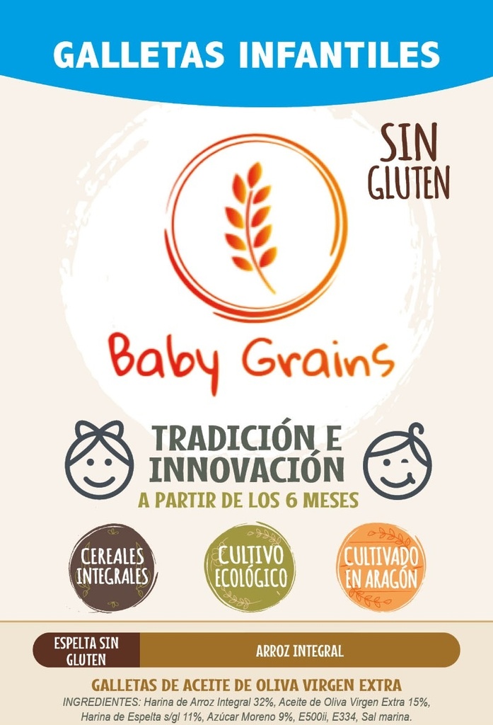 GALLETA ESPELTA INTEGRAL ARROZ SIN GLUTEN BABY GRAINS AZUL